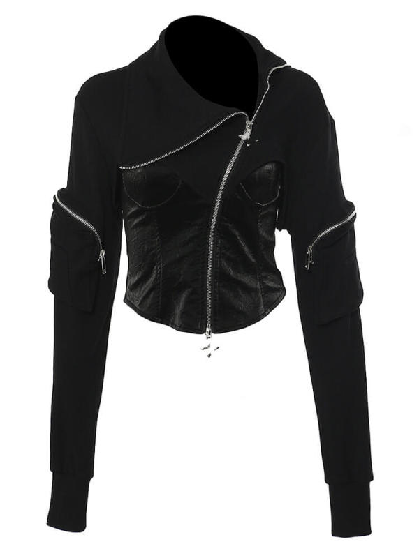 TWOTWINSTYLE  Patchwork Zipper Slimming Sweatshirts For Women Irregular Collar Long Sleeve Hollow Out Fashion Clothing