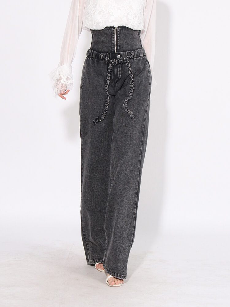 TWOTWINSTYLE  Loose Denim Pants For Women High Waist Patchwork Lace Up Streetwear Fashion Clothing
