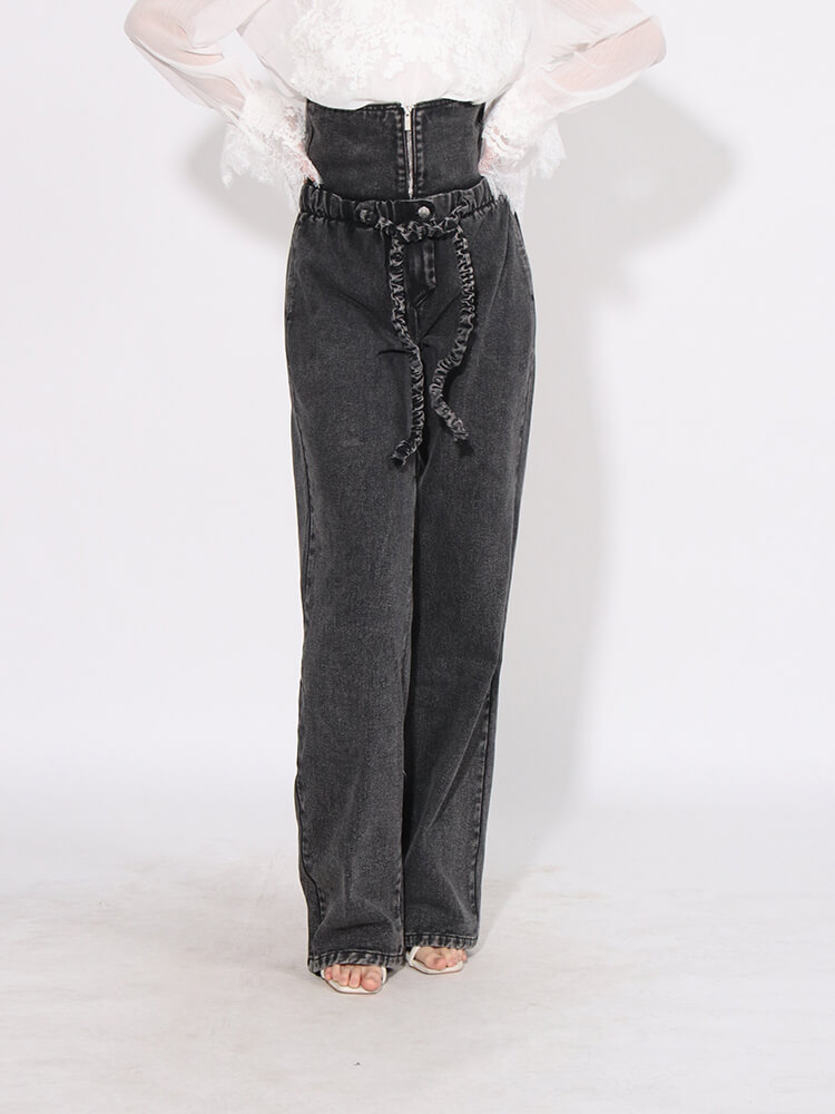 TWOTWINSTYLE  Loose Denim Pants For Women High Waist Patchwork Lace Up Streetwear Fashion Clothing