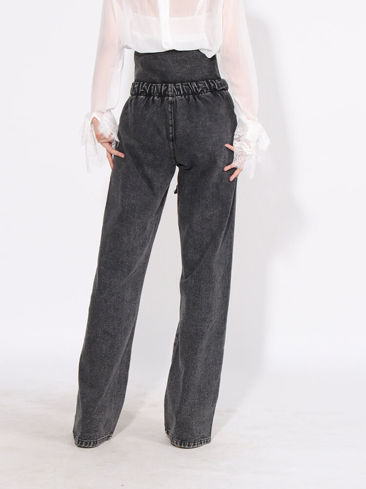 TWOTWINSTYLE  Loose Denim Pants For Women High Waist Patchwork Lace Up Streetwear Fashion Clothing