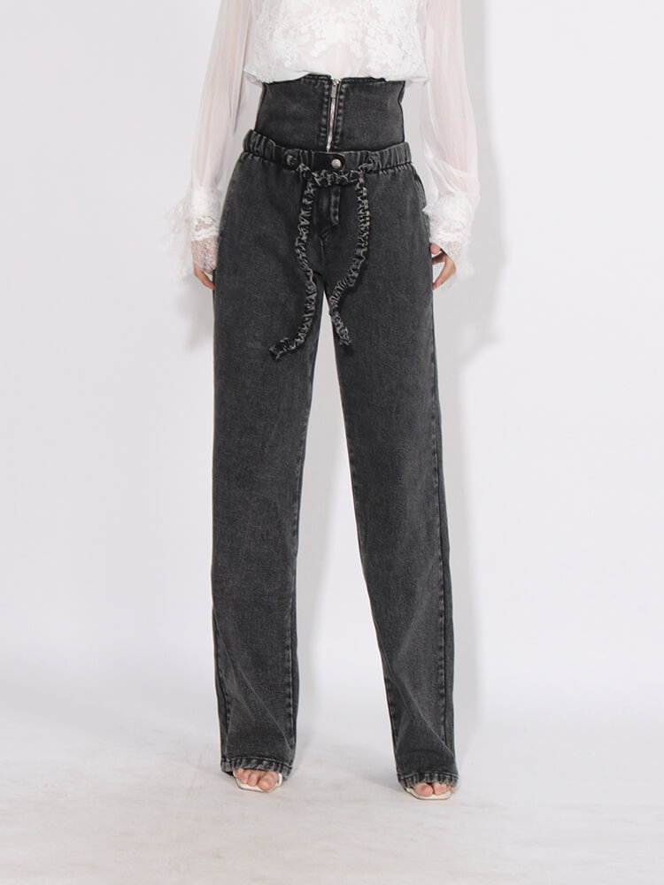TWOTWINSTYLE  Loose Denim Pants For Women High Waist Patchwork Lace Up Streetwear Fashion Clothing