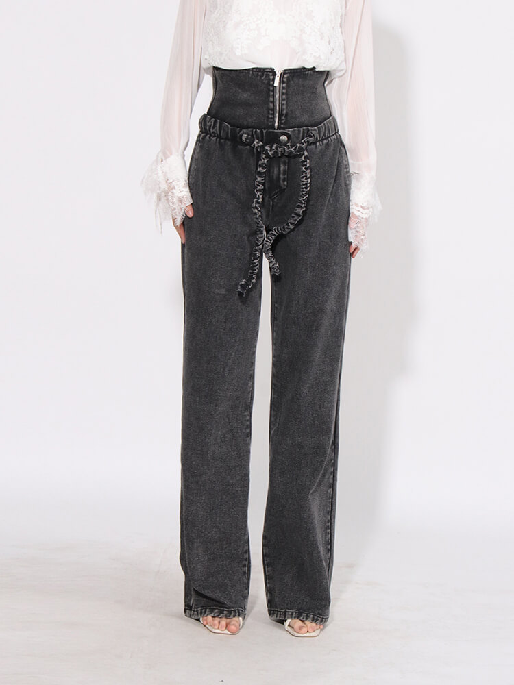 TWOTWINSTYLE  Loose Denim Pants For Women High Waist Patchwork Lace Up Streetwear Fashion Clothing