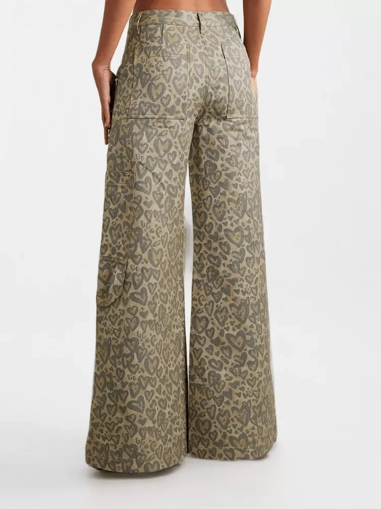 TWOTWINSTYLE Leopard Hollow Out Denim Pants For Women High Waist Streetwear  Diamond Colorblock Loose Fashion Clothing