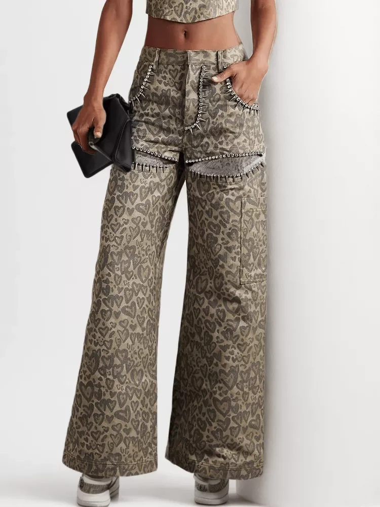 TWOTWINSTYLE Leopard Hollow Out Denim Pants For Women High Waist Streetwear  Diamond Colorblock Loose Fashion Clothing