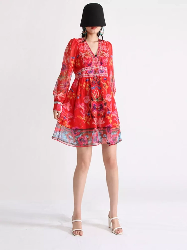 TWOTWINSTYLE  Print Dresses For Women V Neck Long Sleeve High Waist Ruffles Summer Elegant Fashion Clothing