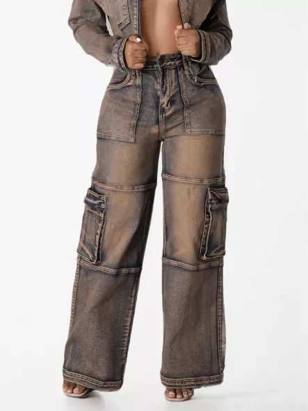 TWOTWINSTYLE  Patchwork Pockets  Solid Casual Denim Trousers For Women High Waist Spliced Button  Loose Straight Jeans