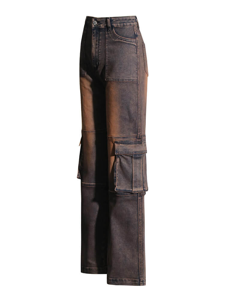 TWOTWINSTYLE  Patchwork Pockets  Solid Casual Denim Trousers For Women High Waist Spliced Button  Loose Straight Jeans