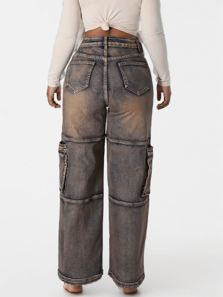 TWOTWINSTYLE  Patchwork Pockets  Solid Casual Denim Trousers For Women High Waist Spliced Button  Loose Straight Jeans