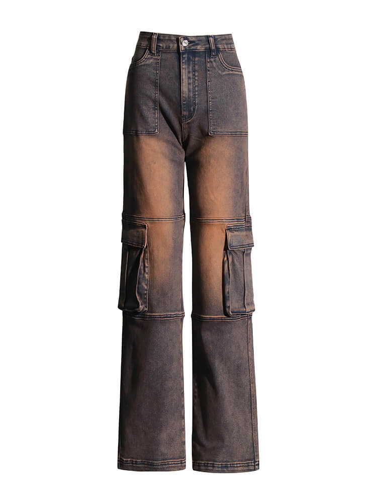 TWOTWINSTYLE  Patchwork Pockets  Solid Casual Denim Trousers For Women High Waist Spliced Button  Loose Straight Jeans