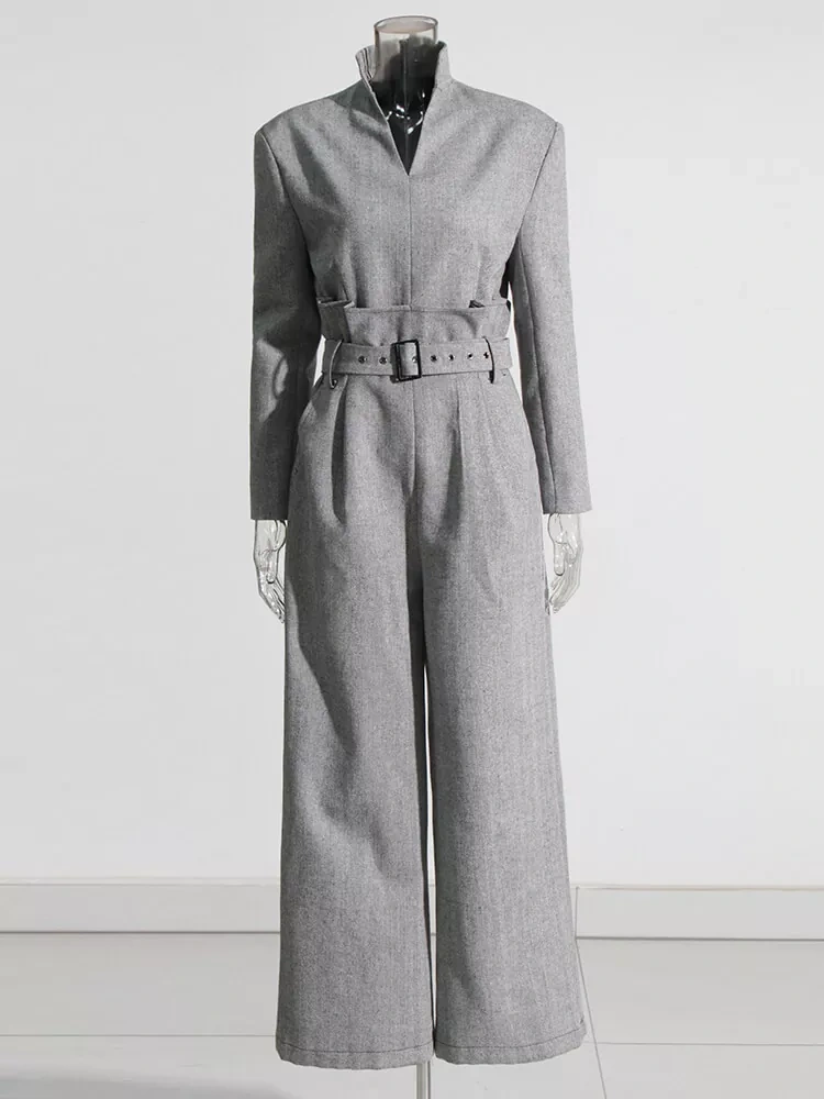 TWOTWINSTYL   Belt Jumpsuits For Women V Neck Long Sleeve High Waist Women Clothing