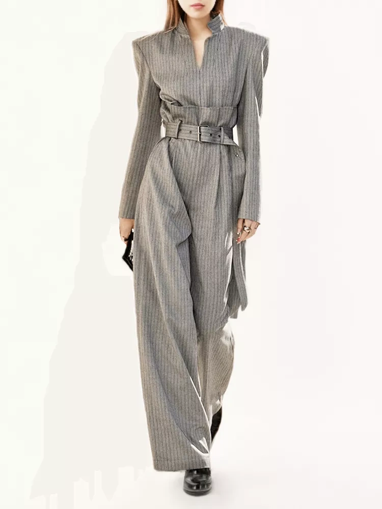 TWOTWINSTYL   Belt Jumpsuits For Women V Neck Long Sleeve High Waist Women Clothing