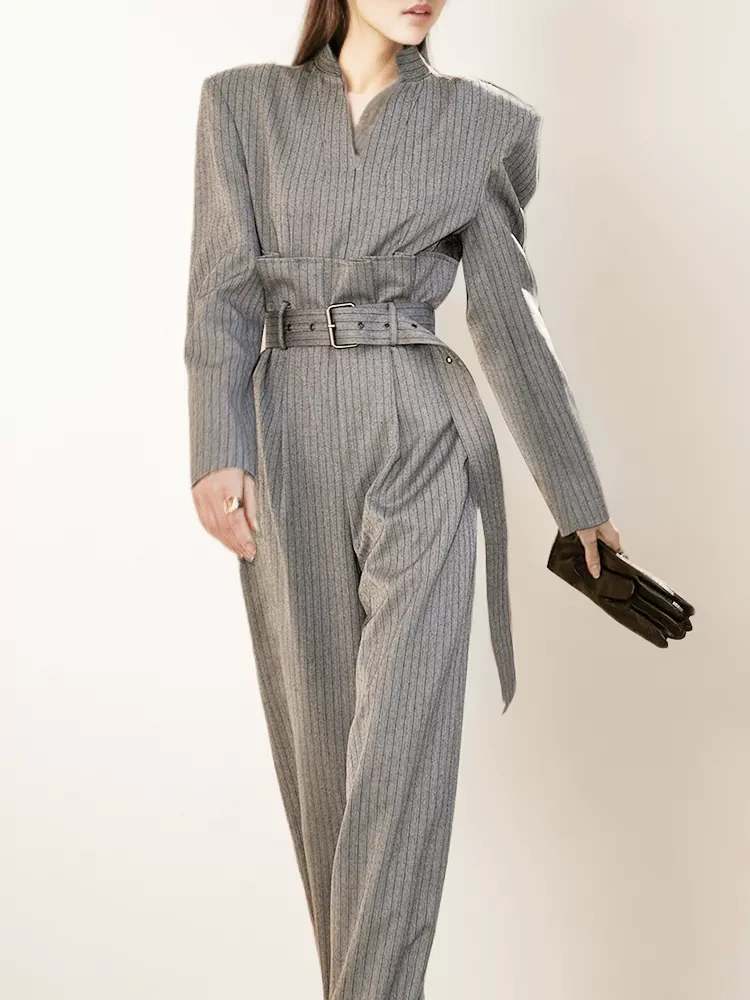 TWOTWINSTYL   Belt Jumpsuits For Women V Neck Long Sleeve High Waist Women Clothing