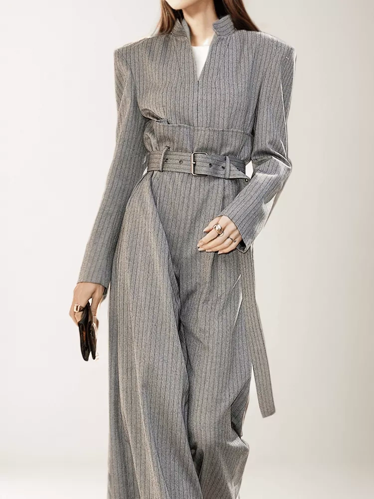 TWOTWINSTYL   Belt Jumpsuits For Women V Neck Long Sleeve High Waist Women Clothing