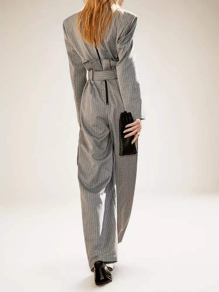 TWOTWINSTYL   Belt Jumpsuits For Women V Neck Long Sleeve High Waist Women Clothing