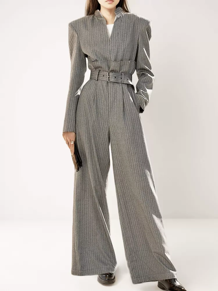 TWOTWINSTYL   Belt Jumpsuits For Women V Neck Long Sleeve High Waist Women Clothing