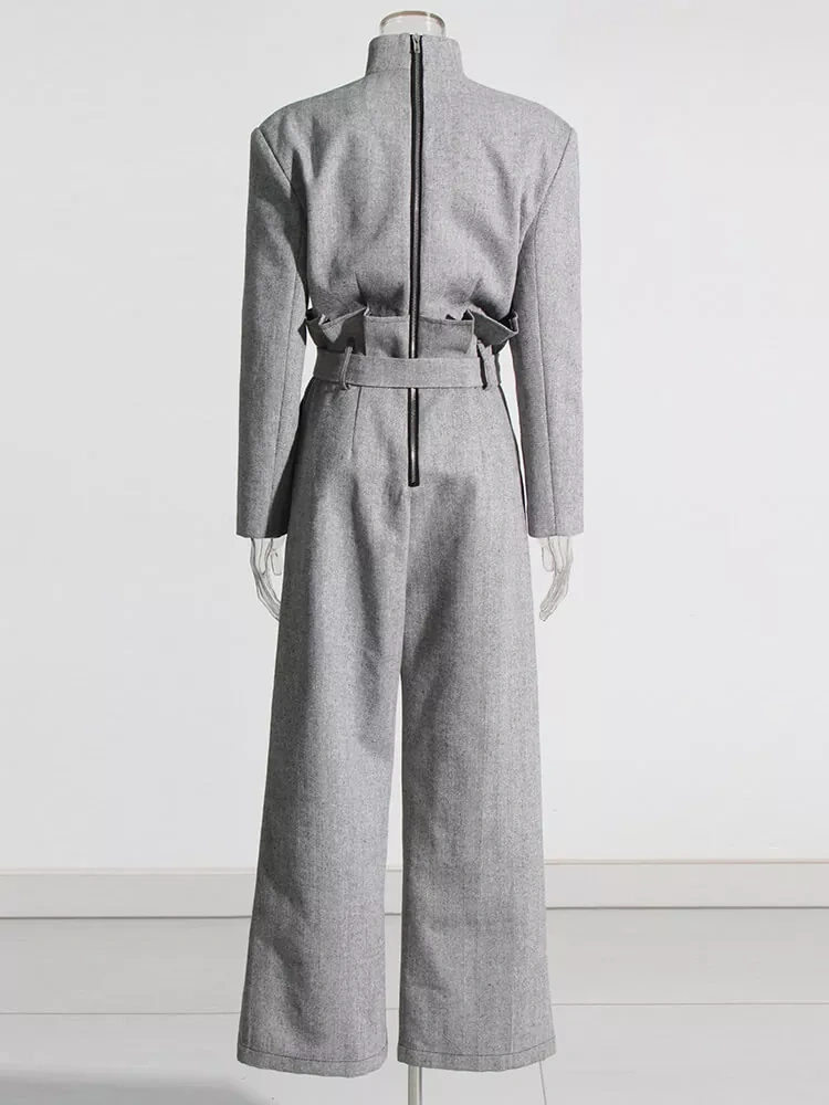 TWOTWINSTYL   Belt Jumpsuits For Women V Neck Long Sleeve High Waist Women Clothing