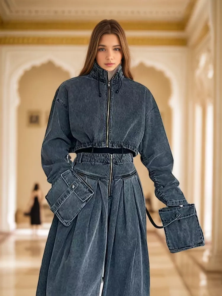 TWOTWINSTYLE Casual Jacket For Women Stand Collar Long Sleeve Patchwork Zipper Streetwear Loose Spliced Fashion Clothing