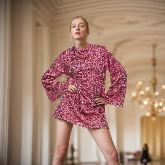 TWOTWINSTYLE Sequins Mini Dress For Women Round Neck Long Sleeve Lace Up Clothing