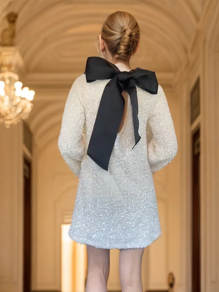 TWOTWINSTYLE Sequins Mini Dress For Women Round Neck Long Sleeve Lace Up Clothing