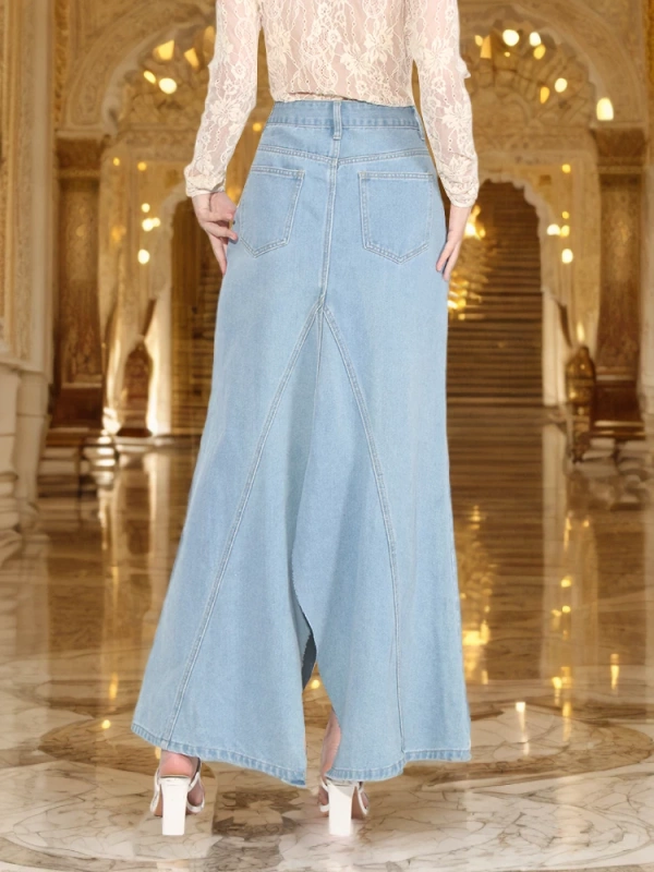 TWOTWINSTYLE  Pocket Chic Denim Skirt For Women High Waist Spliced Button Irregular Hem Fashion Clothing