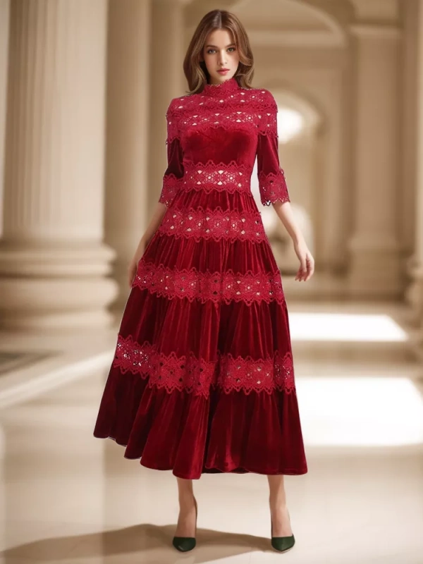 TWOTWINSTYLE  Embroidery Hollow Out Elegant Dresses For Women Turtleneck Half Sleeve High Neck  Clothing
