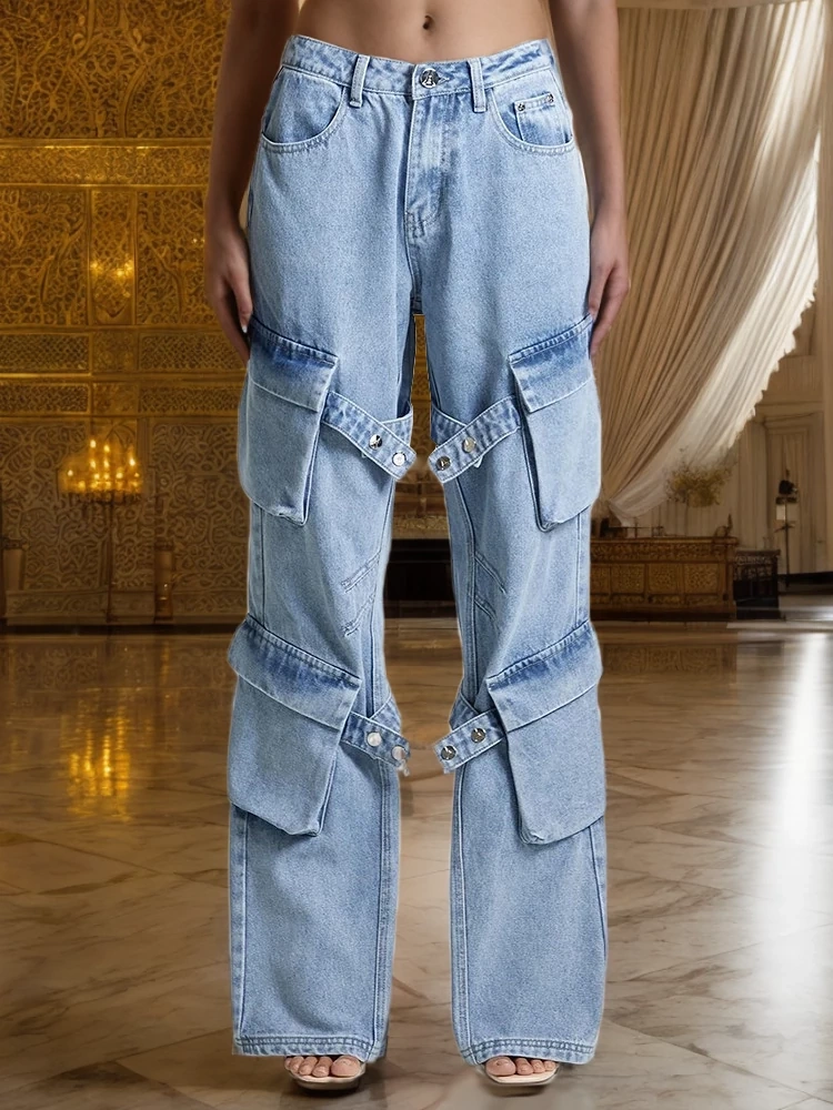 TWOTWINSTYLE Pockets Streetwear Straight Jeans For Women High Waist Spliced Button Fashion Clothing