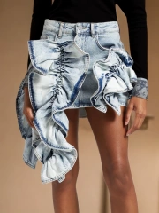 Denim Irregular Skirts For Women Ruffles  Slimming