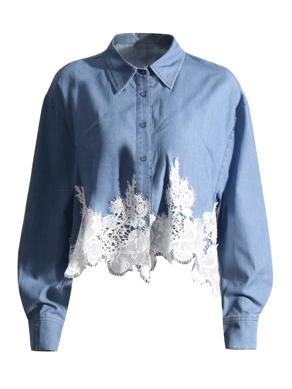 TWOTWINSTYLE Lace Chic Denim Shirts For Women Lapel Long Sleeve Single Spring Breasted Fashion Clothing