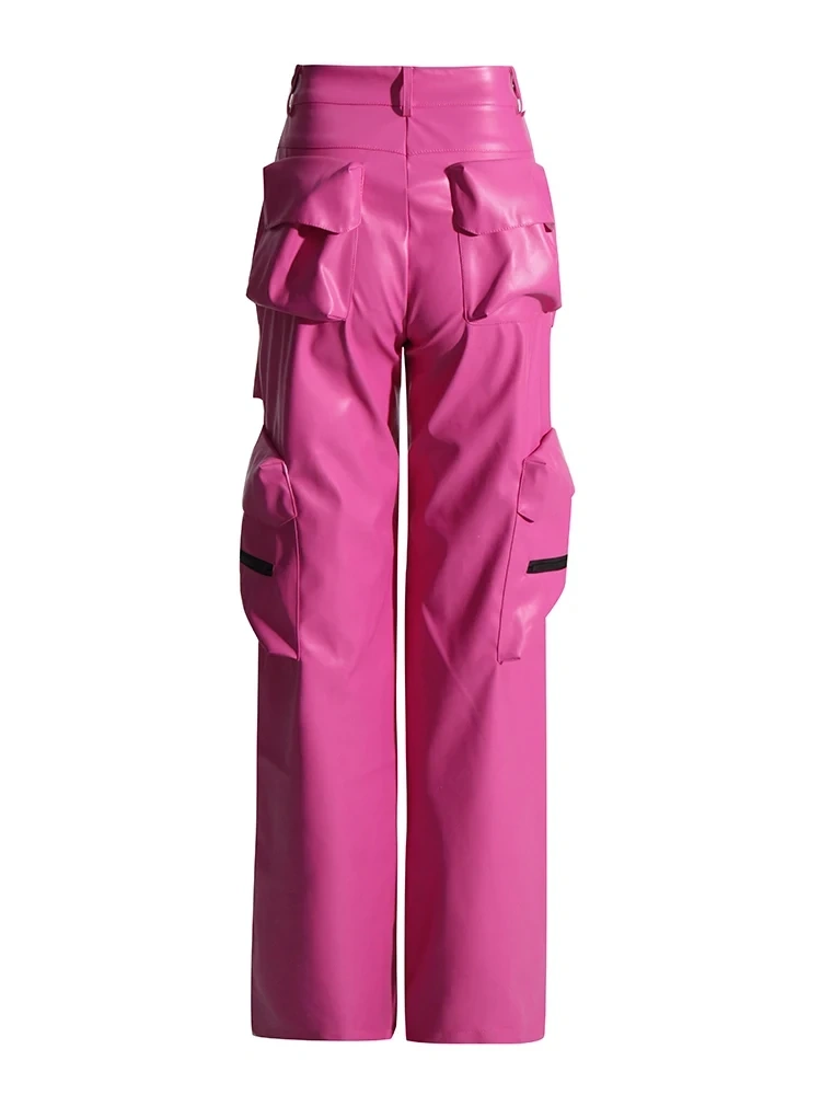 TWOTWINSTYLE Pockets Casual Leather Pants For Women High Waist Spliced Zipper  Straight Fashion Clothing