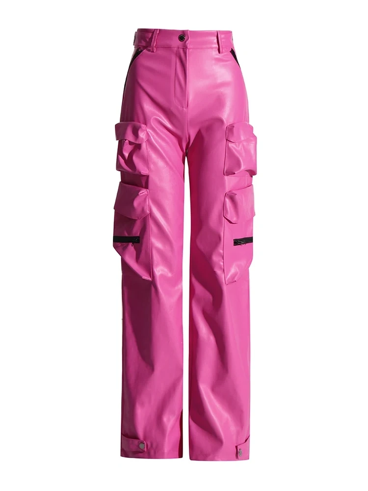 TWOTWINSTYLE Pockets Casual Leather Pants For Women High Waist Spliced Zipper  Straight Fashion Clothing
