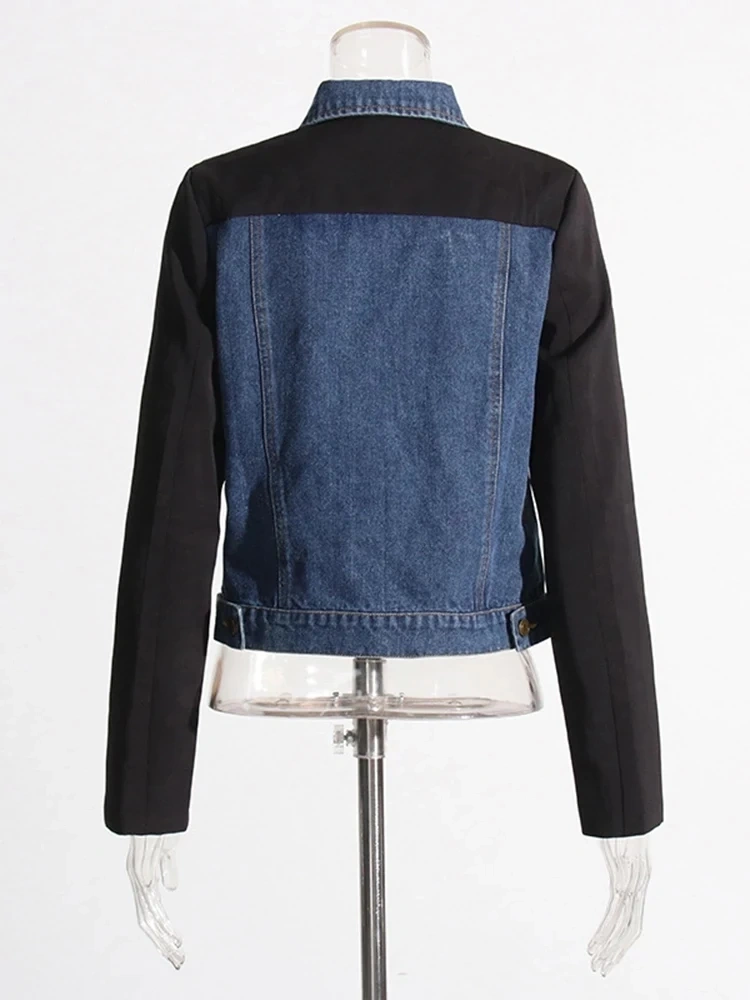 TWOTWINSTYLE  Spliced Denim Casual Jackets For Women Lapel Long Sleeve Single Breasted  Fashion Clothing