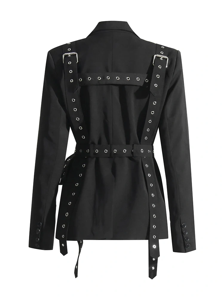 TWOTWINSTYLE  Patchwork Belts Designer Blazers For Women Notched Collar Long Sleeve Fashion Clothing