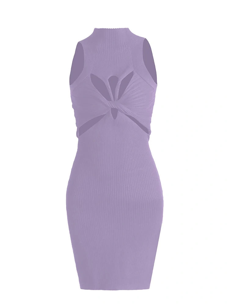 TWOTWINSTYLE  Hollow Out Dresses For Women Stand Collar Sleeveless Tunic  Folds Slimming Sexy Fashion Clothing