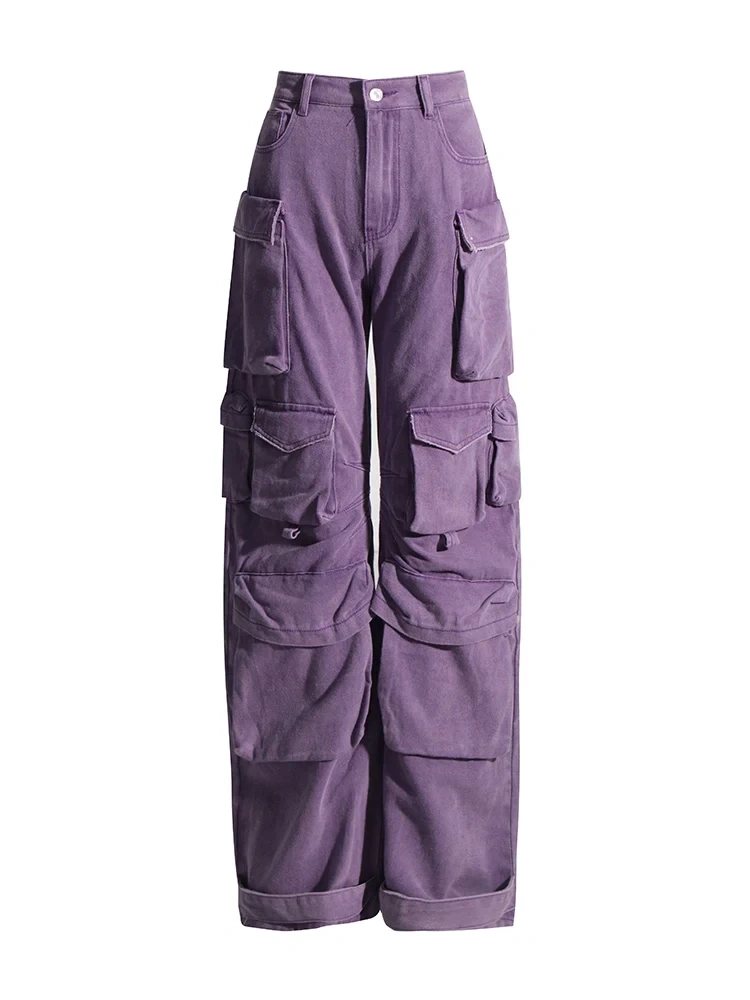 TWOTWINSTYLE  Pockets Casual Denim Cargo Pants For Women High Waist Spliced Button Fashion Clothing