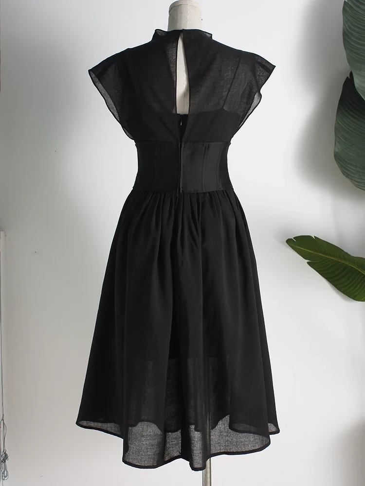 TWOTWINSTYLE Sheer Ruched Slim Dress For Women Round Neck Short Sleeve Gathered Waist Slim Midi Dresses Female Fashion Style New