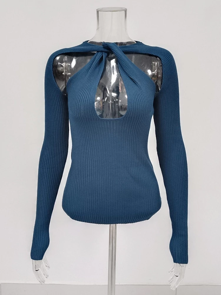 TWOTWINSTYLE Hollow Out Knitting Sweaters For Women O Neck Long Sleeve Patchwork Folds Casual Minimalist Sweater Female Clothing