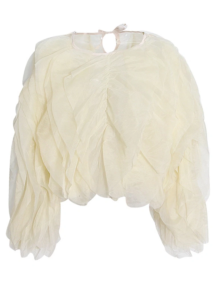 TWOTWINSTYLE Casual Short Blouses For Women Round Neck Lantern Long Sleeve Patchwork Ruffle Clothing