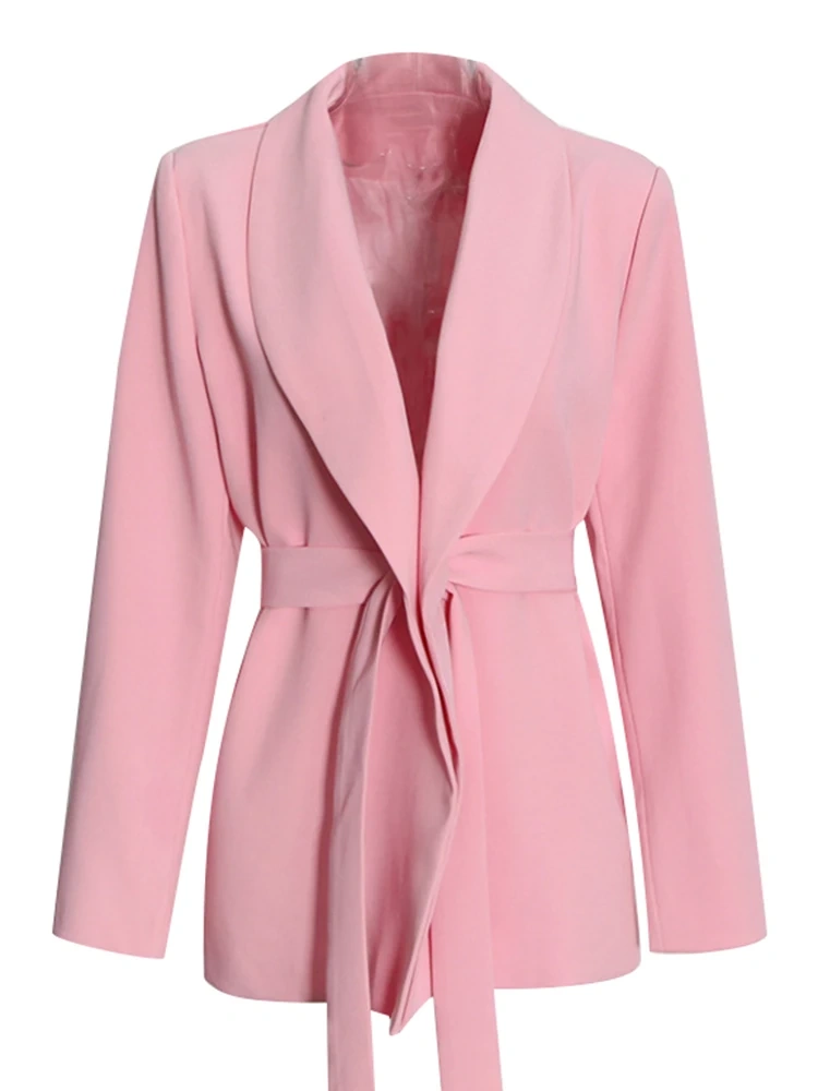 TWOTWINSTYLE Casual Solid Blazers For Women Notched Long Sleeve Gathered Waist Lace Up Fashion Clothing