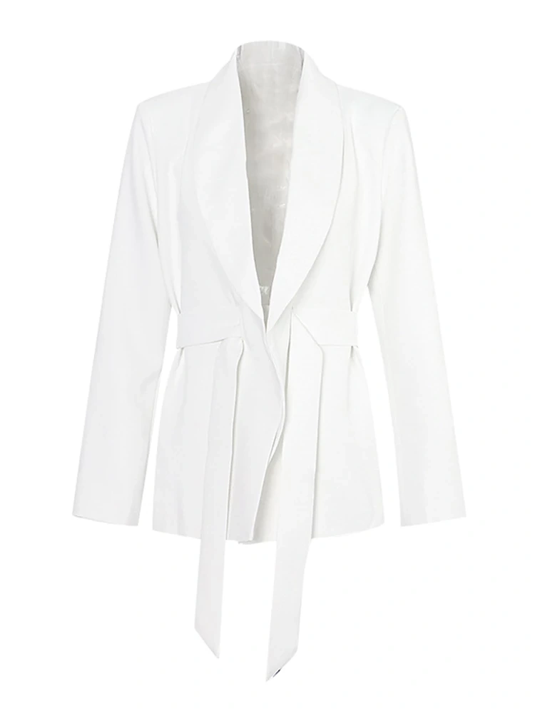 TWOTWINSTYLE Casual Solid Blazers For Women Notched Long Sleeve Gathered Waist Lace Up Fashion Clothing