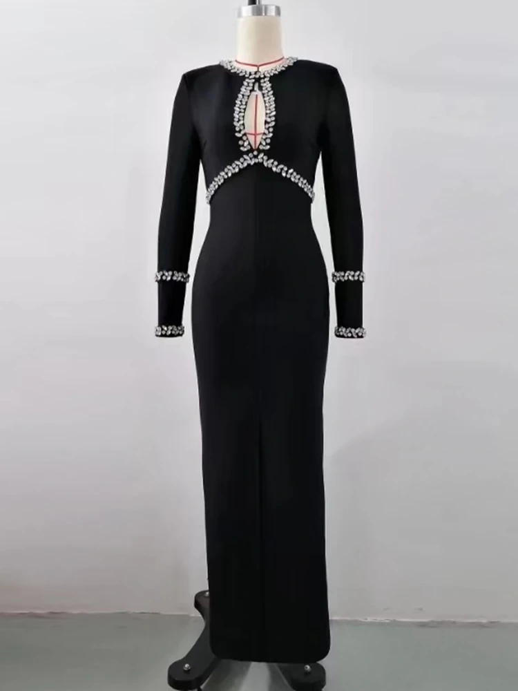 TWOTWINSTYLE  Diamonds Sexy Dresses For Women Round Neck Long Sleeve High Waist Hollow Out  Fashion Clothing