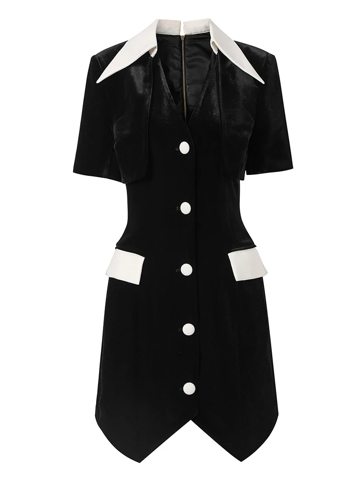 TWOTWINSTYLE  Slimming Dress For Women V Neck Short Sleeve High Waist Patchwork Button Fashion Clothing