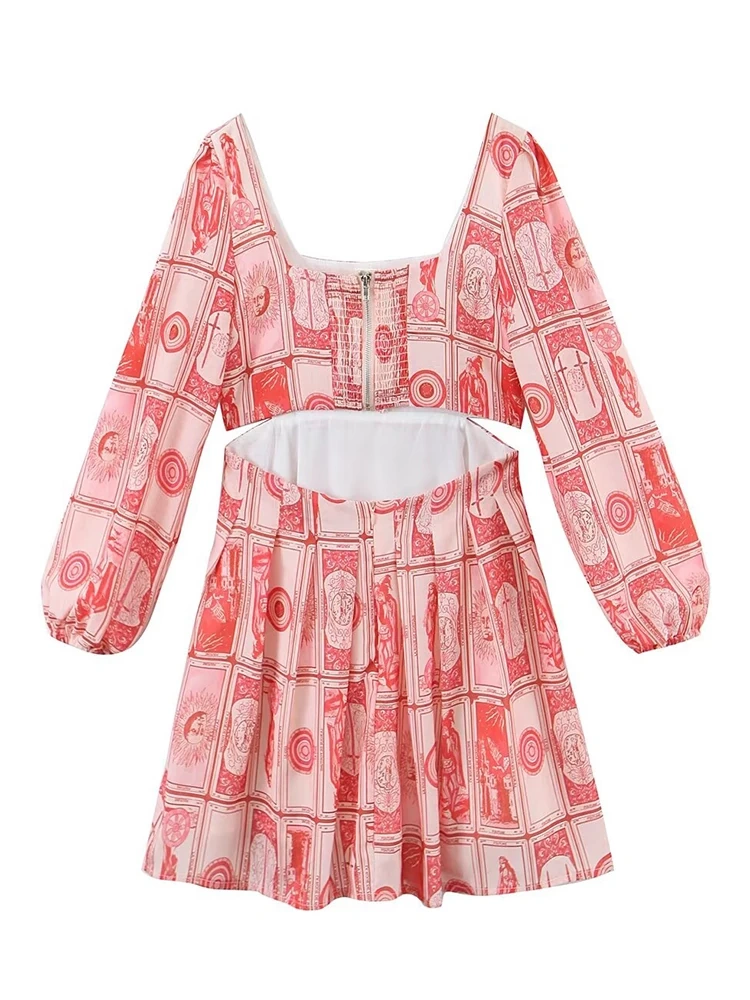 TWOTWINSTYLE Printing  Mini Dress For Women Square  Neck Long Sleeve Women Clothing