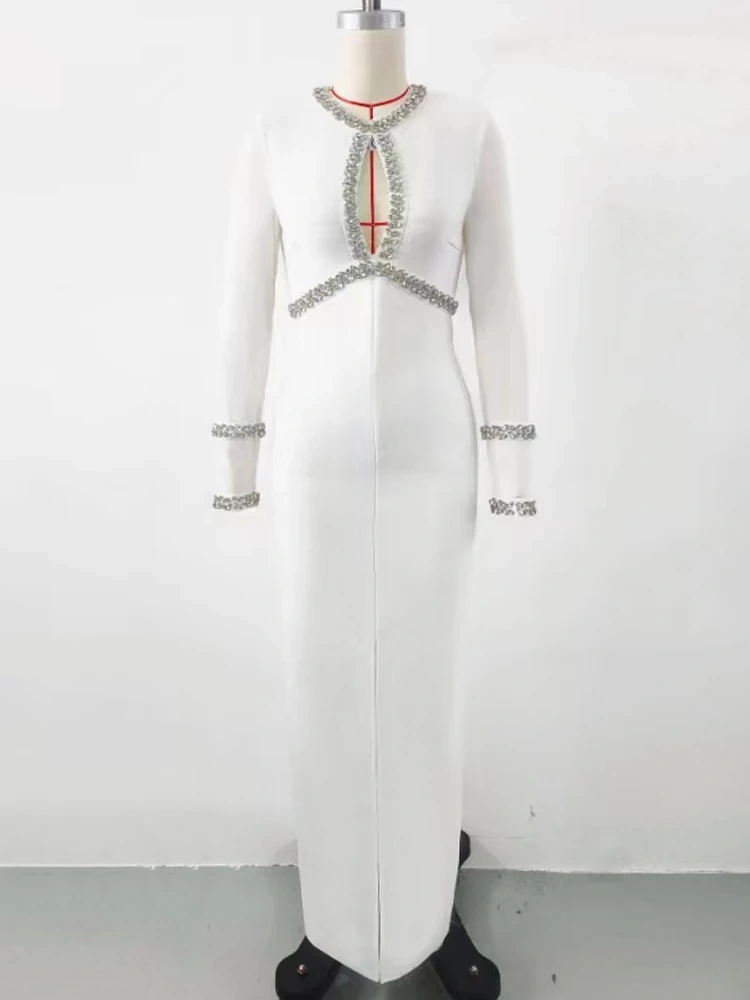 TWOTWINSTYLE  Diamonds Sexy Dresses For Women Round Neck Long Sleeve High Waist Hollow Out  Fashion Clothing