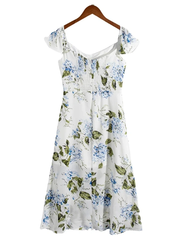 TWOTWINSTYLE Printing Casual Dresses For Women Square Collar Short Sleeve High Waist Backless Fashion Clothing