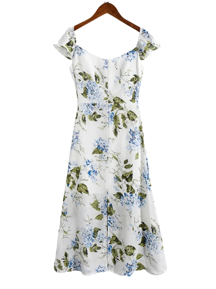 TWOTWINSTYLE Printing Casual Dresses For Women Square Collar Short Sleeve High Waist Backless Fashion Clothing
