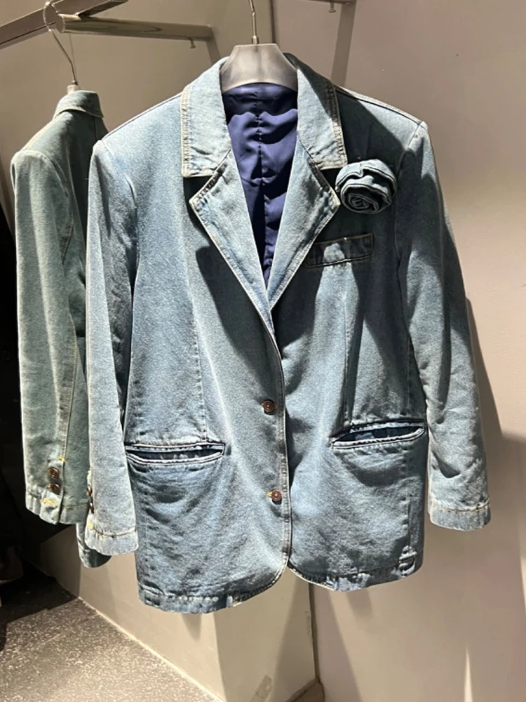 TWOTWINSTYLE Slim Denim Blazers For Women Nothced Collar Long Sleeve Spliced Single Breasted Autumn Blazer Female Fashion New
