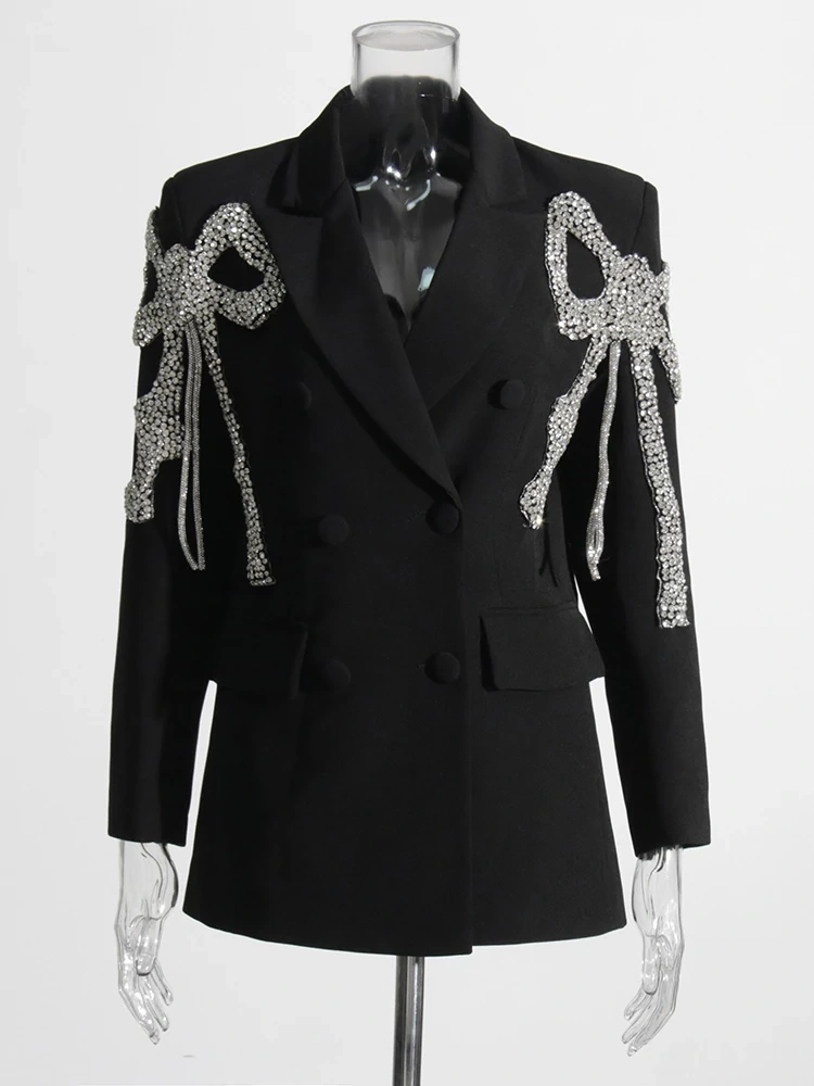 TWOTWINSTYLE Patchwork Diamond Blazers For Women Notched Collar Long Sleeve Slim Clothing