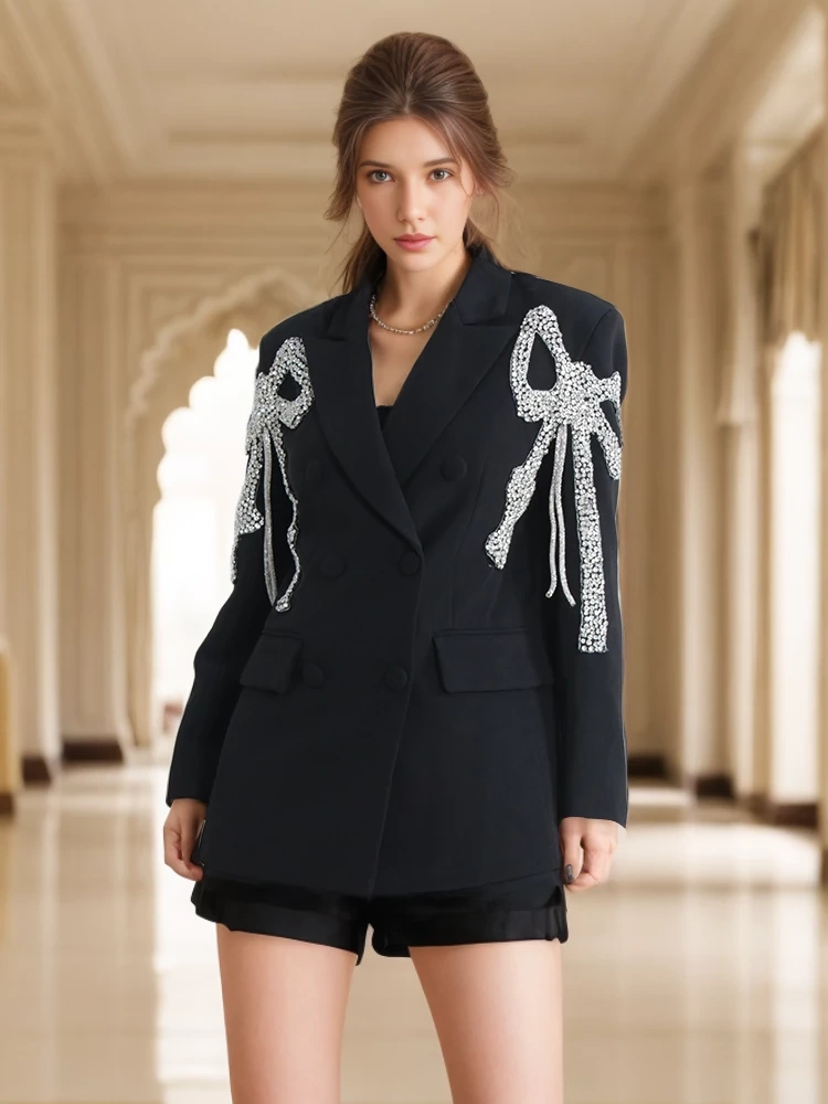 TWOTWINSTYLE Patchwork Diamond Blazers For Women Notched Collar Long Sleeve Slim Clothing