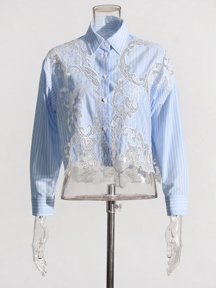 TWOTWINSTYLE   Lace Shirt For Women Lapel Long Sleeve Single Breasted Irregular Hem Fashion Clothing