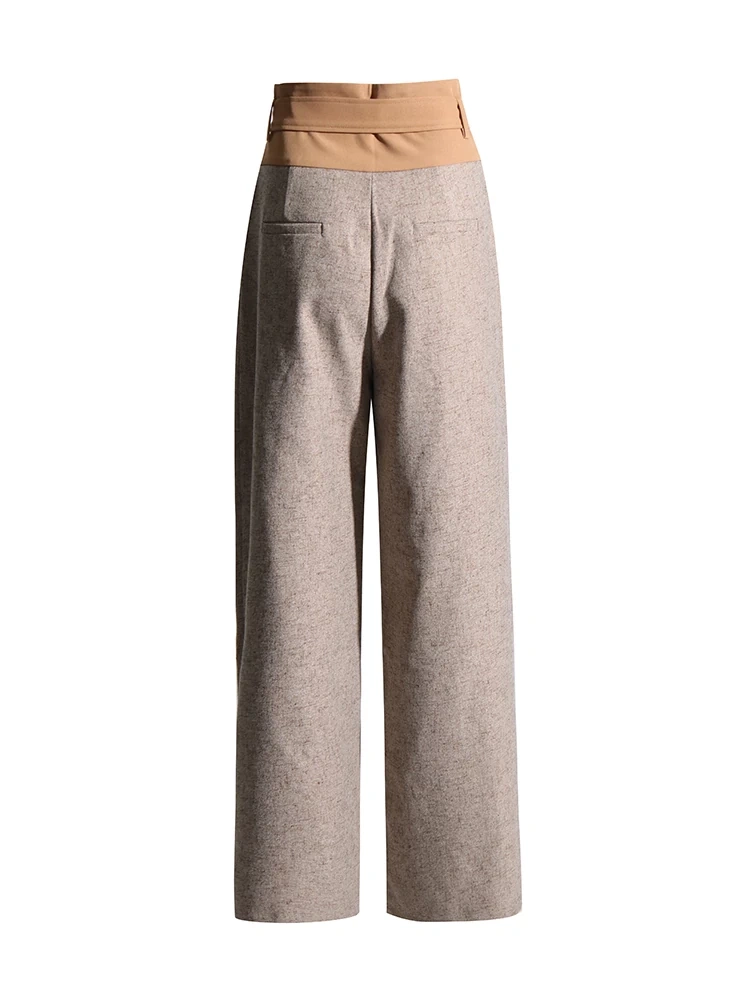 TWOTWINSTYLE  Spliced Belt Pants For Women High Waist Patchwork Button Casual Loose Wide Leg Clothing